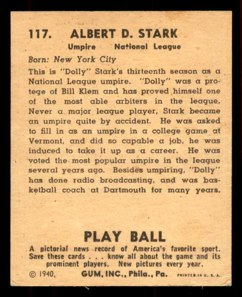 1940 Play Ball #117 Dolly Stark Umpire EX-MT 549195