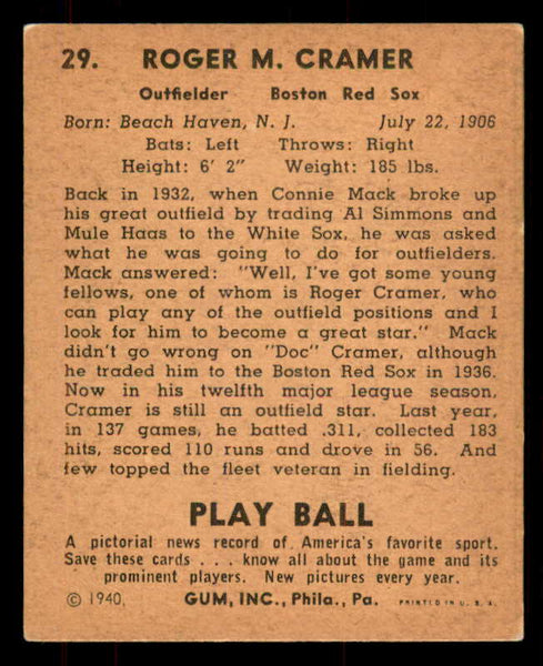 1940 Play Ball #029 Doc Cramer Red Sox EX 549230