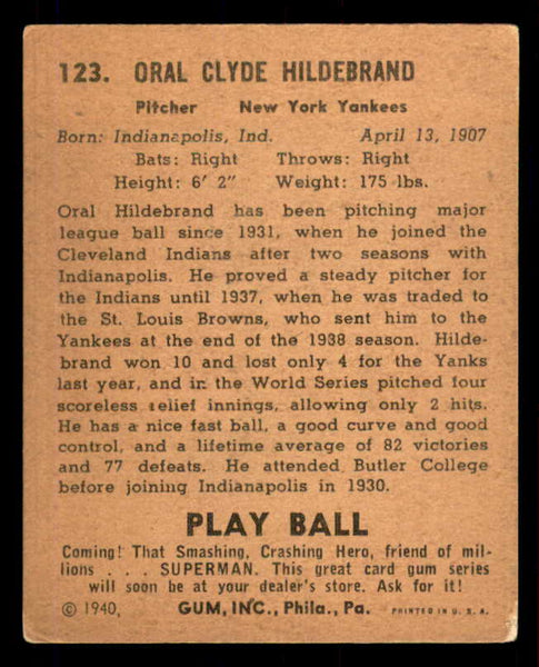 1940 Play Ball #123 Oral Hildebrand Yankees VG-EX 549291