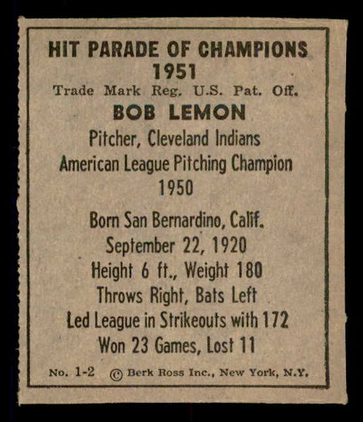 1951 Berk Ross #001-2 Bob Lemon Indians EX-MT 549314