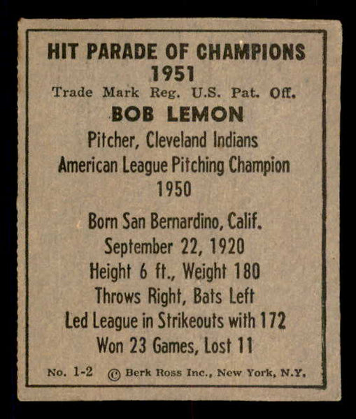 1951 Berk Ross #001-2 Bob Lemon Indians VG-EX 549315