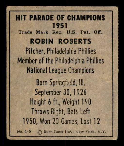 1951 Berk Ross #004-8 Robin Roberts Phillies VG-EX 549320