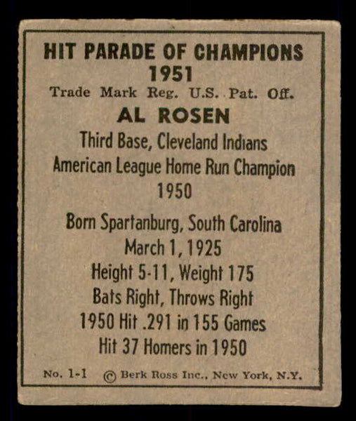 1951 Berk Ross #001-1 Al Rosen Indians VG 549323