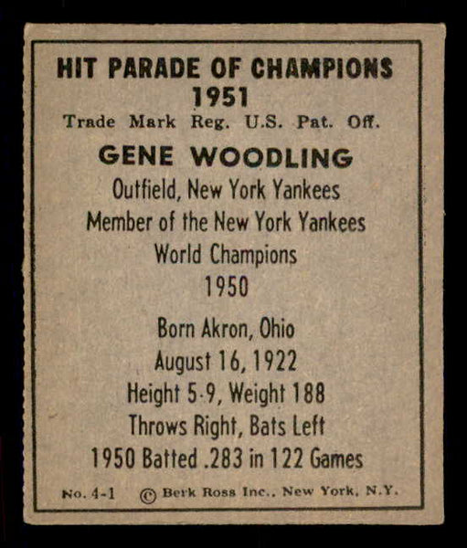 1951 Berk Ross #004-1 Gene Woodling Yankees NR-MT 549326