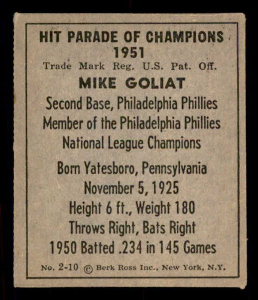 1951 Berk Ross #002-10 Mike Goliat Phillies EX 549328