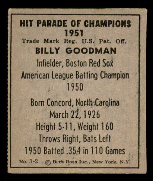 1951 Berk Ross #003-2 Billy Goodman Red Sox EX 549329