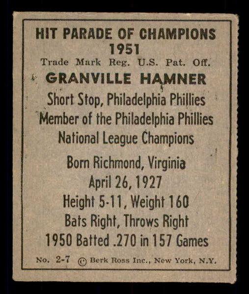 1951 Berk Ross #002-7 Granny Hamner Phillies EX 549330
