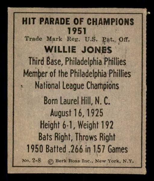 1951 Berk Ross #002-8 Willie Jones Phillies EX 549334