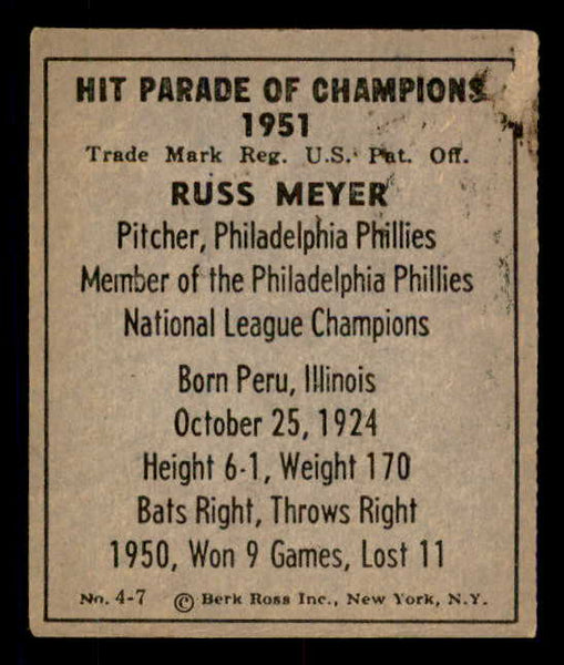 1951 Berk Ross #004-7 Russ Meyer Phillies EX 549335