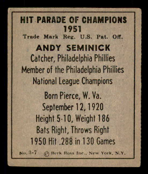 1951 Berk Ross #003-7 Andy Seminick Phillies EX 549338