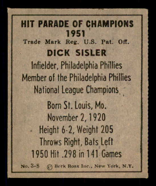 1951 Berk Ross #003-8 Dick Sisler Phillies EX 549340