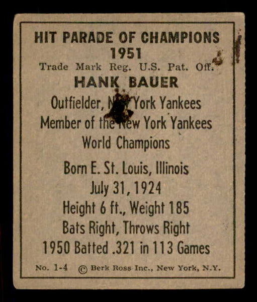 1951 Berk Ross #001-4 Hank Bauer Yankees EX 549342