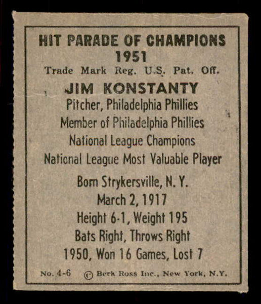 1951 Berk Ross #004-6 Jim Konstanty Phillies EX 549345