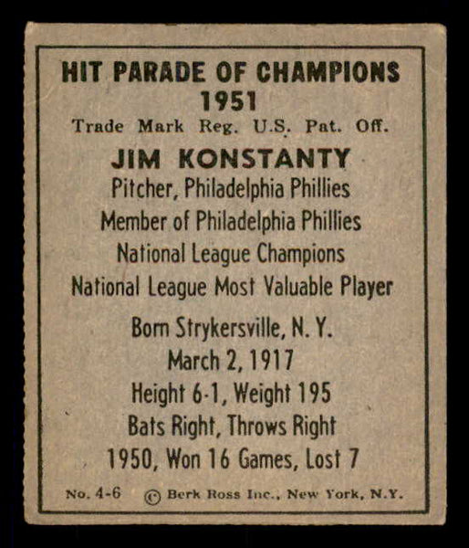 1951 Berk Ross #004-6 Jim Konstanty Phillies EX 549346