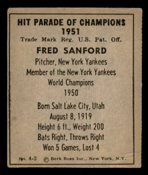 1951 Berk Ross #004-3 Fred Sanford Yankees EX 549349