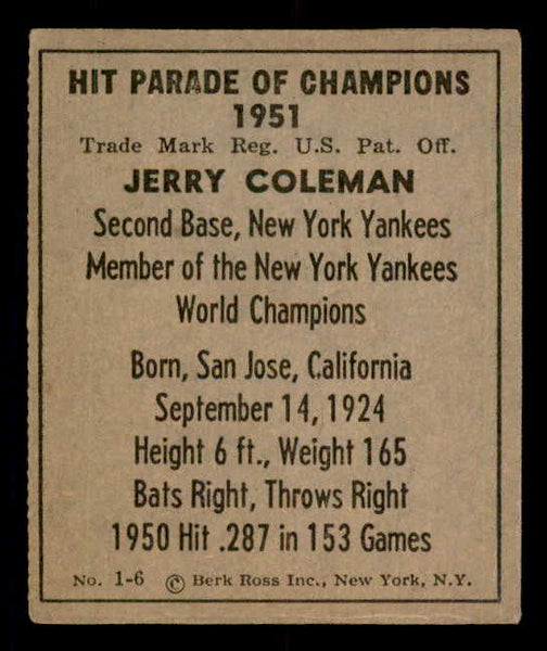 1951 Berk Ross #001-6 Jerry Coleman Yankees VG-EX 549352