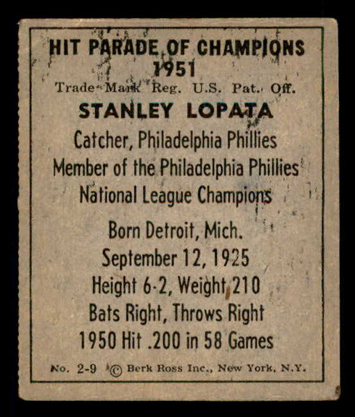 1951 Berk Ross #002-9 Stan Lopata Phillies VG-EX 549354