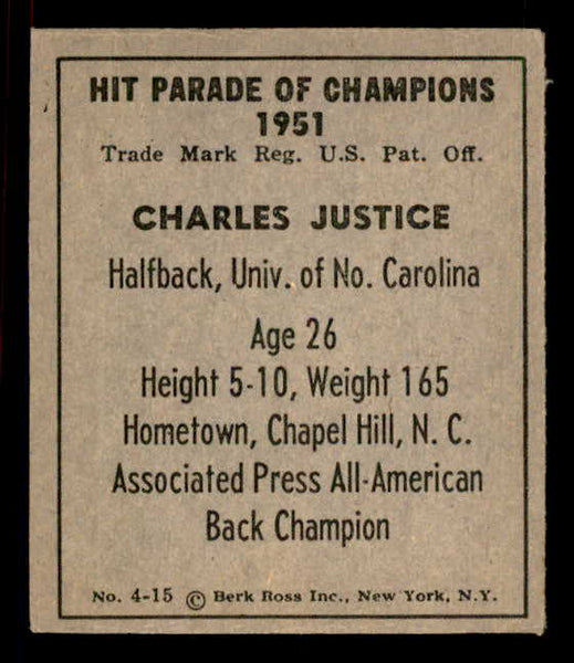 1951 Berk Ross #004-15 Charlie Justice North Carolina VG-EX 549360