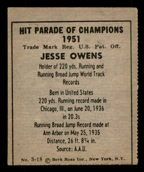 1951 Berk Ross #003-18 Jesse Owens Track VG-EX 549381