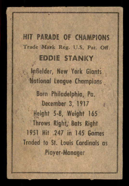 1952 Berk Ross Eddie Stanky Giants VG-EX 549386
