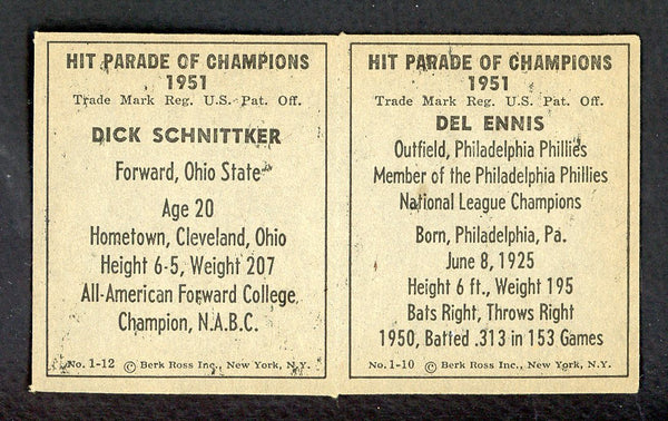 1951 Berk Ross Panel Del Ennis Dick Schnittker NR-MT 549391