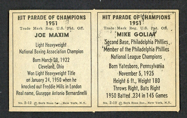 1951 Berk Ross Panel Mike Goliat Joe Maxim NR-MT 549396