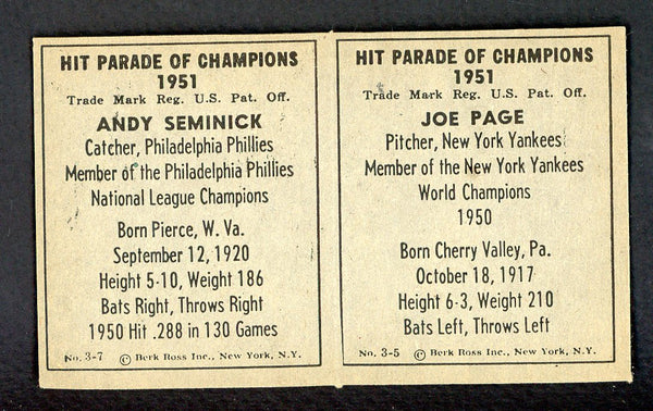 1951 Berk Ross Panel Joe Page Andy Seminick NR-MT 549400