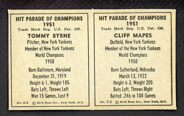 1951 Berk Ross Panel Cliff Mapes Tommy Byrne NR-MT 549404