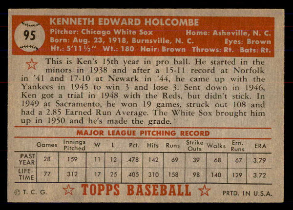 1952 Topps Baseball #095 Ken Holcombe White Sox NR-MT 549739