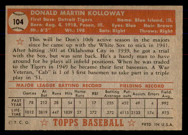 1952 Topps Baseball #104 Don Kolloway Tigers NR-MT 549740