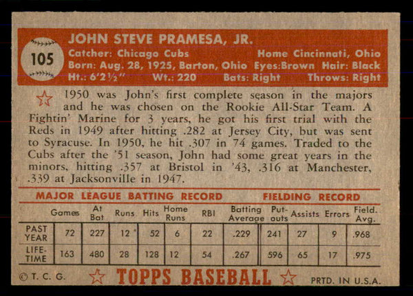 1952 Topps Baseball #105 John Pramesa Cubs NR-MT 549741
