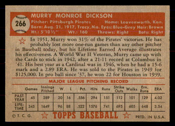 1952 Topps Baseball #266 Murry Dickson Pirates NR-MT 549746