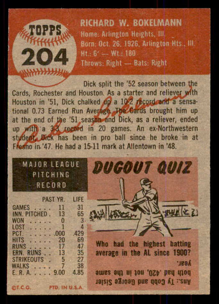 1953 Topps Baseball #204 Dick Bokelmann Cardinals NR-MT 549786