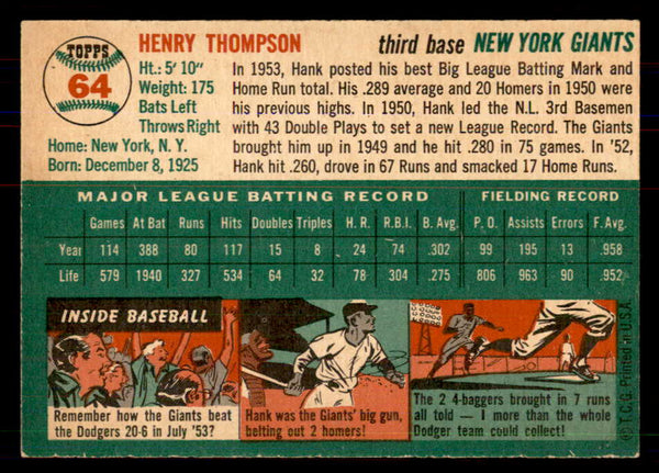 1954 Topps Baseball #064 Hank Thompson Giants NR-MT 549799