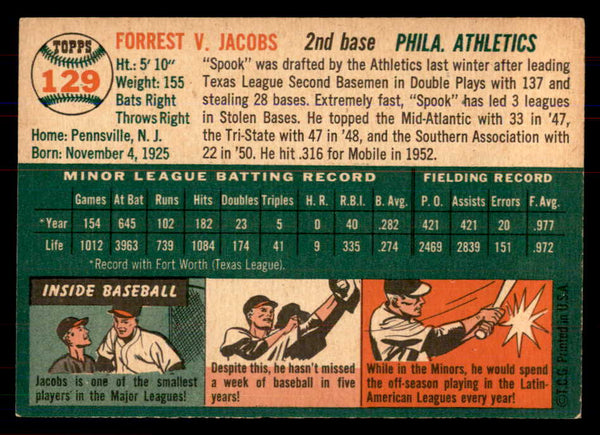 1954 Topps Baseball #129 Spook Jacobs A's NR-MT 549814
