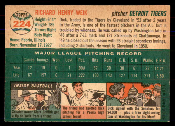 1954 Topps Baseball #224 Dick Weik Tigers NR-MT 549846