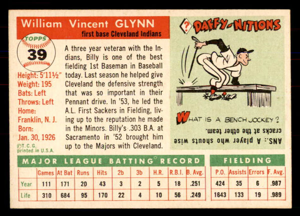 1955 Topps Baseball #039 Bill Glynn Indians NR-MT 549864