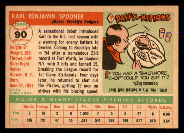 1955 Topps Baseball #090 Karl Spooner Dodgers NR-MT 549879