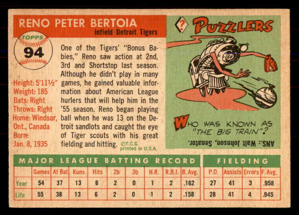 1955 Topps Baseball #094 Reno Bertoia Tigers NR-MT 549882