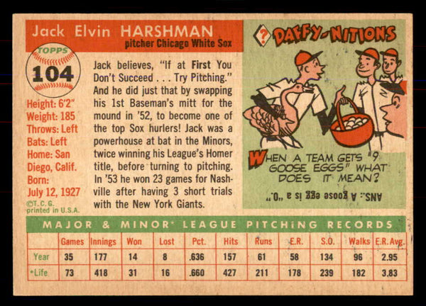1955 Topps Baseball #104 Jack Harshman White Sox NR-MT 549886