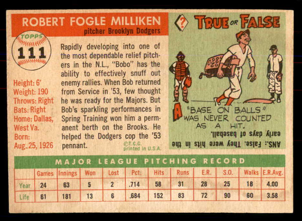 1955 Topps Baseball #111 Bob Milliken Dodgers NR-MT 549888