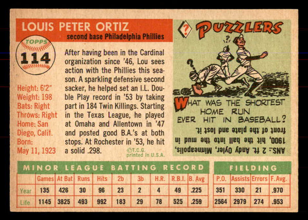 1955 Topps Baseball #114 Lou Ortiz Phillies NR-MT 549890