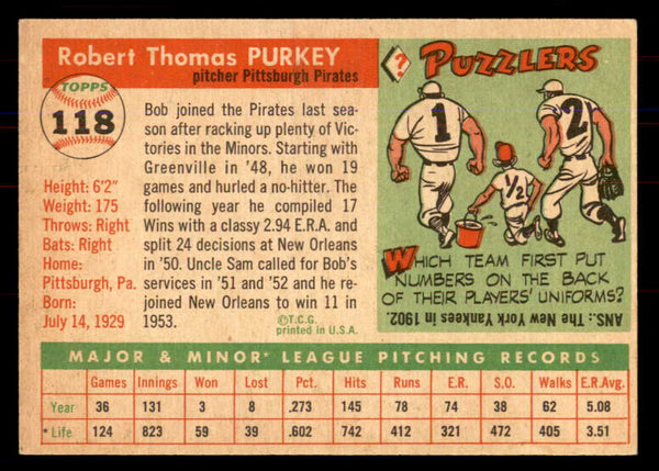 1955 Topps Baseball #118 Bob Purkey Pirates NR-MT 549891