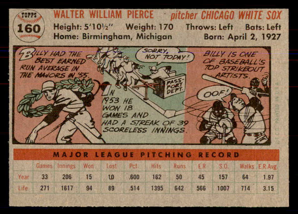 1956 Topps Baseball #160 Billy Pierce White Sox NR-MT Gray 549963
