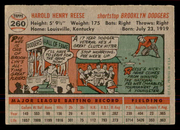 1956 Topps Baseball #260 Pee Wee Reese Dodgers EX 549981