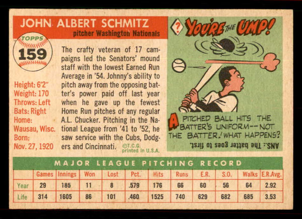 1955 Topps Baseball #159 Johnny Schmitz Senators EX-MT 550094
