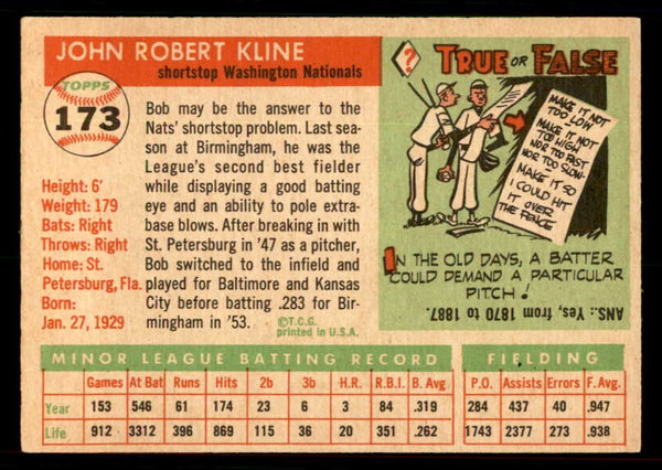 1955 Topps Baseball #173 Bob Kline Senators EX-MT 550100