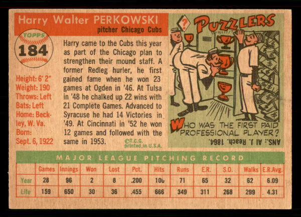 1955 Topps Baseball #184 Harry Perkowski Cubs EX-MT 550104