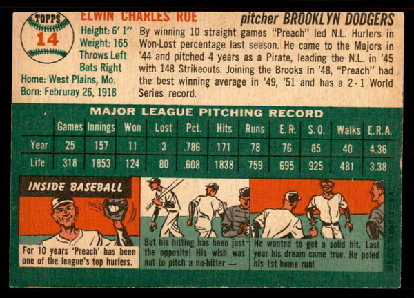 1954 Topps Baseball #014 Preacher Roe Dodgers EX-MT 550113