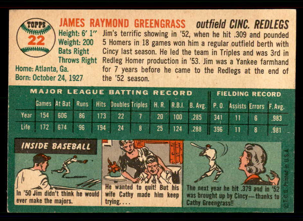 1954 Topps Baseball #022 Jim Greengrass Reds EX-MT 550115